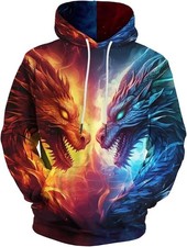 Unisex Fire and Ice Dragon Hoodie Gothic Pullover Sweatshirt Fantasy