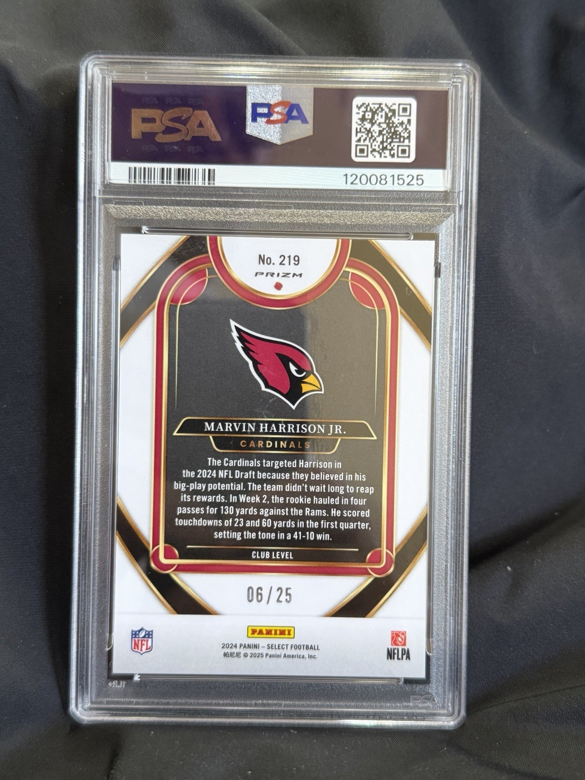 2024 Panini Select Marvin Harrison Jr. #28 RC Club Level Tie-Dye /25 PSA 9 view 2