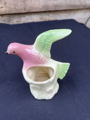 Vintage Art Pottery Pink Green Bird On Tree Trunk Planter 4''