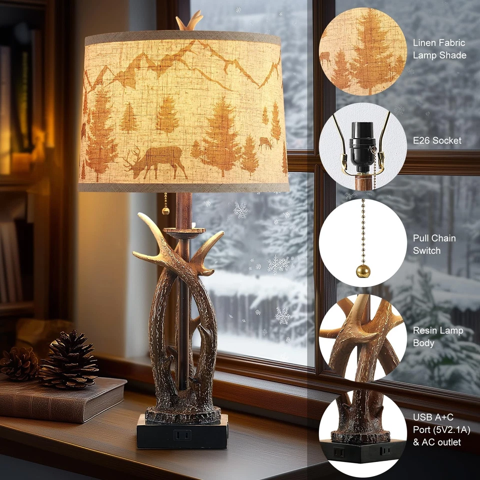 Juego de 2 lámparas de mesa rústicas occidentales con cuerno de ciervo de granja con U... Foto 2 de 4