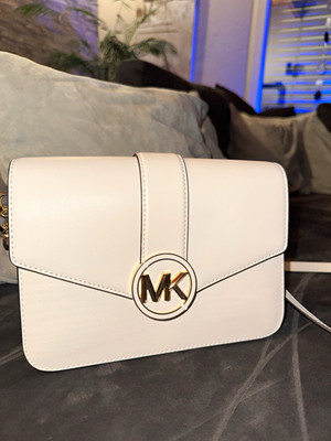 Michael Kors Umhängetasche Crossbody Leder beige MK Logo goldene Schnalle