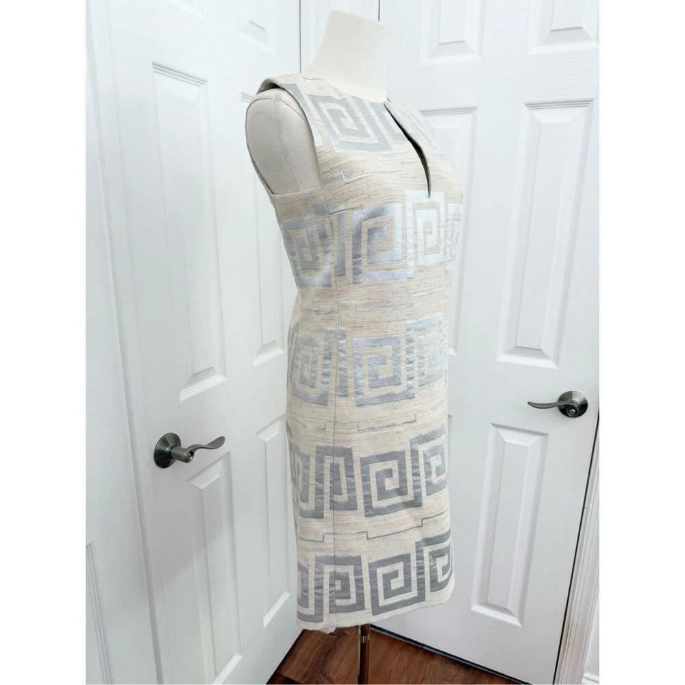 Abito donna Tory Burch bianco argento jacquard chiave greca geometrico taglia 0 nuovo con etichette