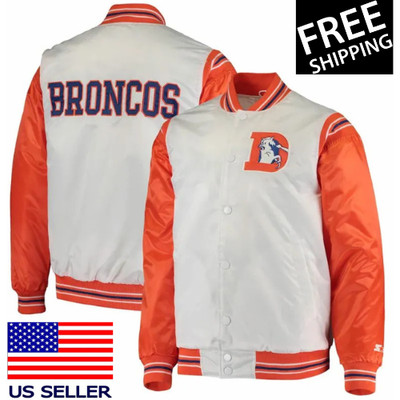 Denver Broncos Full-Snap White & Orange Satin Men Varsity Bomber Football Jacket