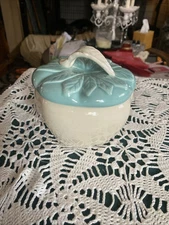 Vintage Hoenig of California Pottery #734 Apple Crock w/Lid Turquoise White A-17