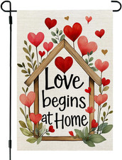 Valentines Day Garden Flag Love Begins at Home 12X18 Inch Double Sided Hearts Fl