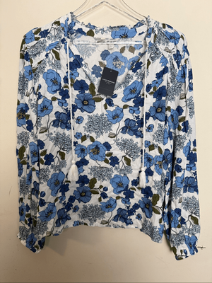 #ad Lucky Brand Blue Floral Peasant Blouse Tassel Tie Viscose XL Boho Cottagecore NW $27.99