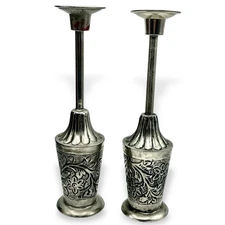 MCM Silver Metal CANDLE STICKS 9.5” Tapers Embossed Holders Felt Bases ~ READ