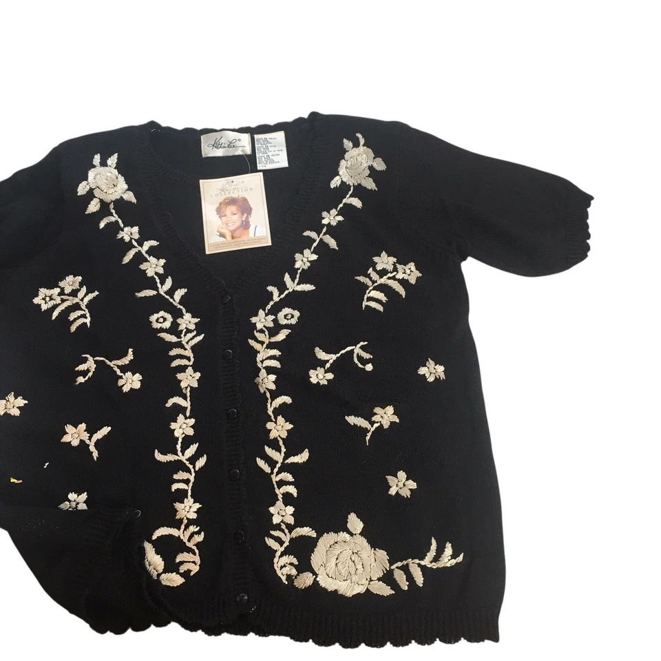 复古 Kathie Lee 系列毛衣女式中号黑色花卉刺绣 90 年代 — 第 4/4 张图片