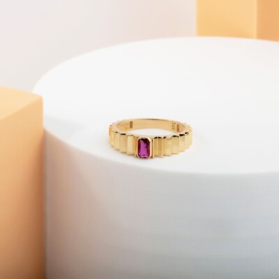 14K massiver Gold Rubin Ring | leuchtender rosa roter rechteckiger Edelstein | Größen 2-11
