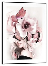 Wandbild - Weiß - Schwarz - Rosa - 30 x 40 cm - Frau mit Blumenschmuck