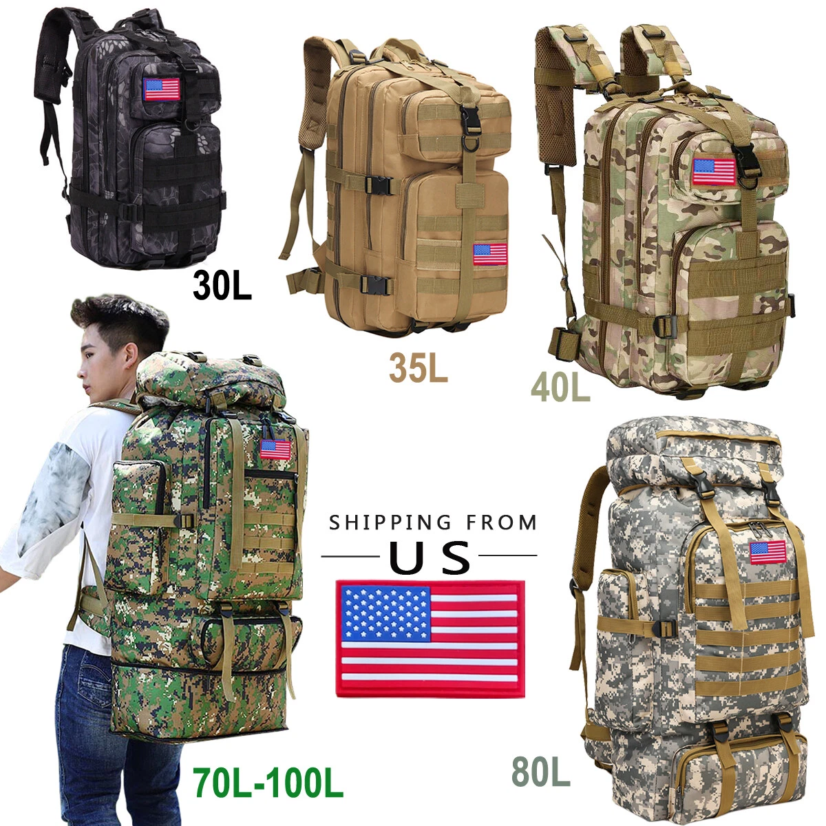 30L 40L 70L 80L Hiking Camping Backpack Waterproof Outdoor Travel Rucksack  Bag