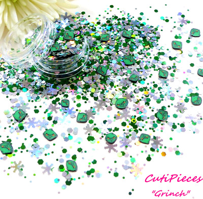 Nail Art Glitter Holographic Xmas *Grinch* Snowflake Hexagon Fimo Mix 5ml Pot