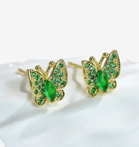 925 Sterling Silver Emerald Butterfly 3/8''Earrings Gemstone Yellow Gold Plated