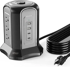 Power Strip Tower Surge Protector Desktop Charging Station, 10 Ft Extension Cord