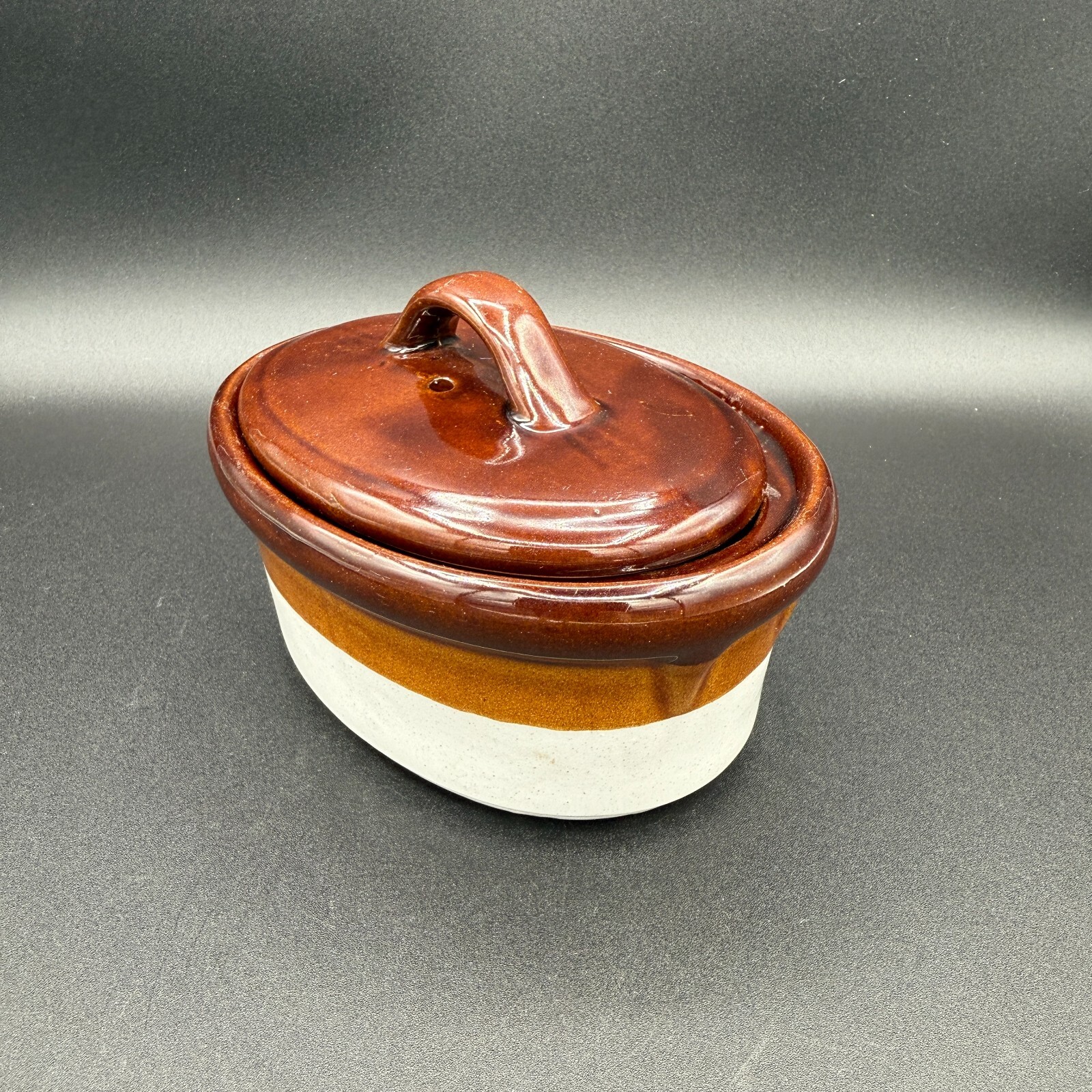 Vintage 3 Tone Pottery Oval Individual Casserole Small Baking Dish w/ Vented Lid
