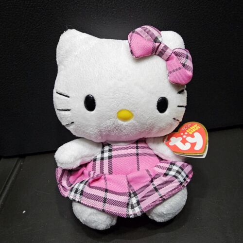 Hello Kitty Sanrio Ty Beanie Babies 6 Inch Plush Kitty White Pink Gingham Dress - Picture 1 of 10
