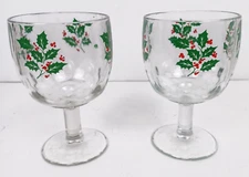 Vintage Indiana Holly Berry Christmas Thumbprint Beer Glass Goblet 6" Lot of 2