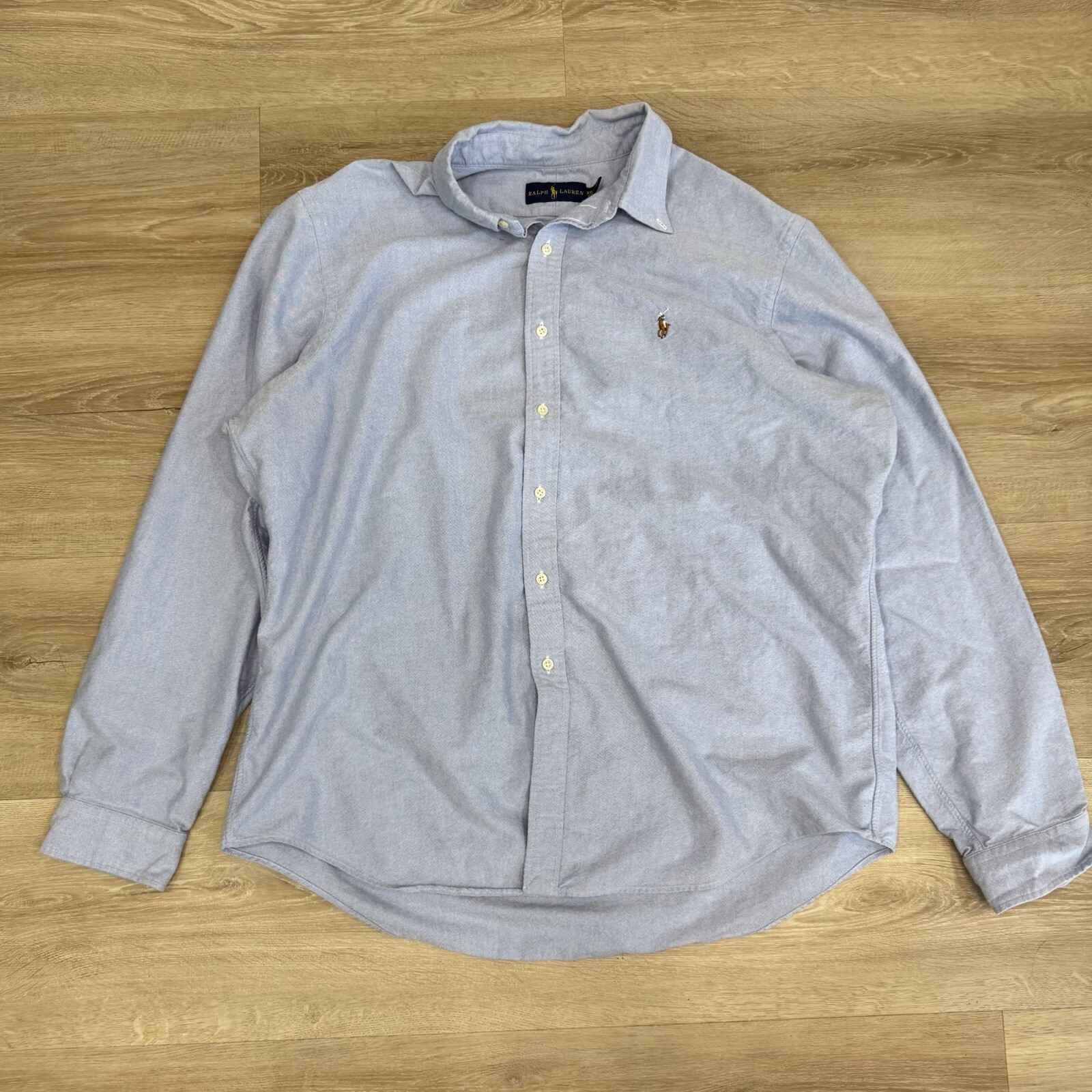 Polo Ralph Lauren Oxford camicia 2XL classica blu manica lunga bottoni carne pony