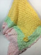 New Girl's Lg HANDMADE Yellow, Mint Green Pink Soft Crochet Knit Blanket 52x60