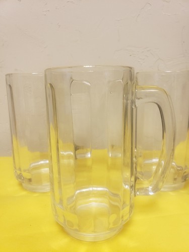 4 vintage Ribbed Beer Mugs / Drinking Glasses Clear with Handle - Picture 2 of 5