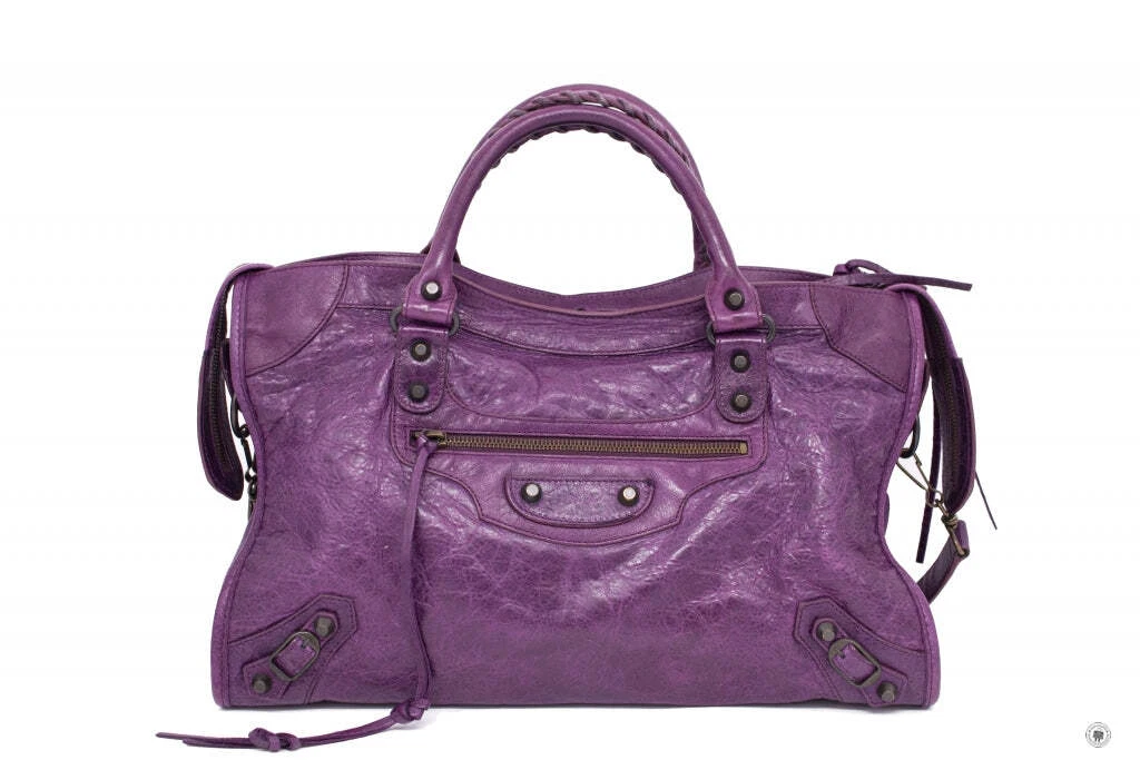 Used Balenciaga 115748 D94JT Small Stud City Purple Lambskin Tote Bag Bhw  AUTHEN