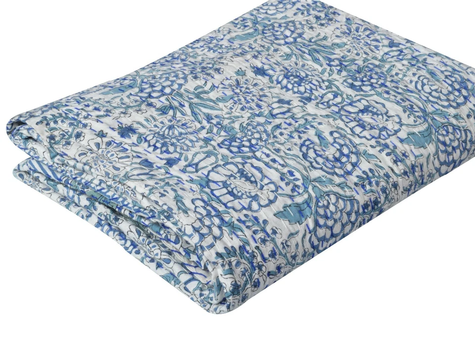 Colcha Kantha floral feita à mão indiana reversível algodão duplo - Imagem 2 de 4