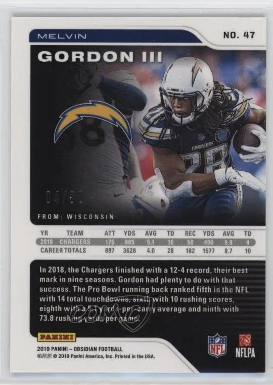 2019 Panini Obsidian Electric Etch Orange /50 Melvin Gordon III #47 - Image 2 of 2