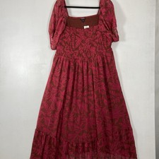 TORRID Tea Length Smocked Bodice A-Line Midi Dress SZ 2X Red & Brown Leaves 
