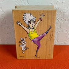 Vtg American Art Janet Cleland Wood Mounted Rubber Stamp-Lets Party preowned
