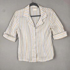 Linda Lundstrom Shirt Womens 6 Beige Blue Striped Linen Button Up Made Canada