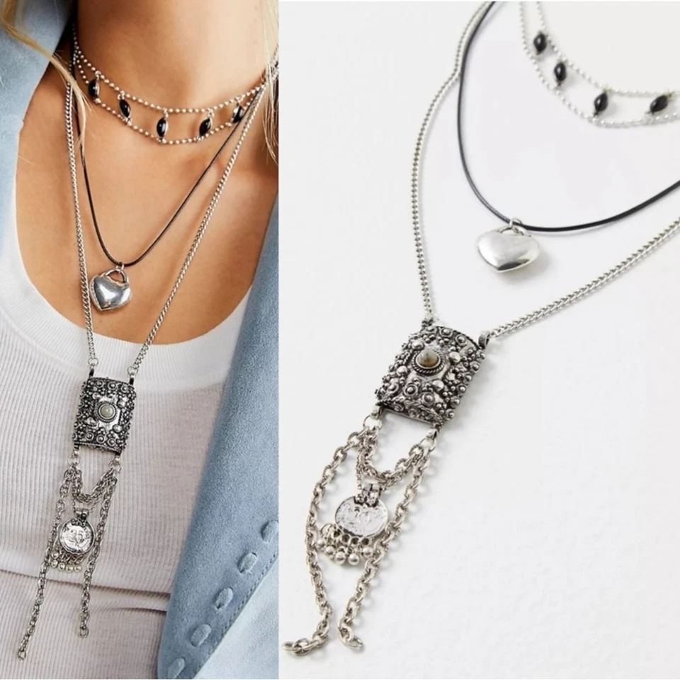 Collar en capas Free People For What It's Worth plateado nuevo con etiquetas flecos bohemios boho Foto 2 de 4