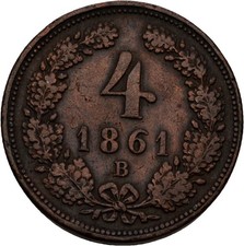 Austria 4 Kreuzer 1861 B Franz Joseph I Copper 13.6g Original Coin #KPC282