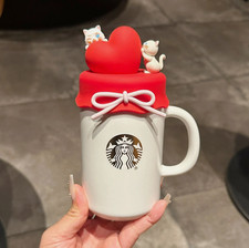Starbucks Valentine's Day Ceramic Cup W/ Lid Heartbeat Serie Love Cat Water Cup