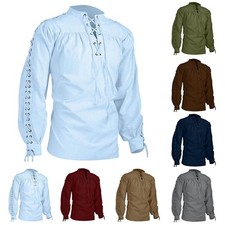 Men's Medieval Gothic Renaissance Stand Collar Shirt Long Sleeve Lace-Up Top-5XL