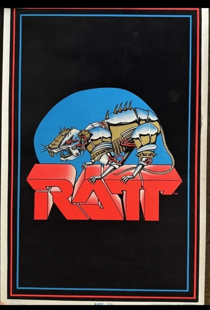 Vintage 1984 RATT Band BLACKLIGHT POSTER with Mechanized Rat Logo NEW!!
