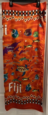 Bula Fiji Orange ,Flower Border, Sea Creatures ,Islands Sarong /Scarf 74x44 Inch
