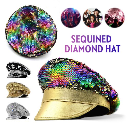 Unisex Rainbow Diamond Sequin Hat Cortical Police Cap Party Cosplay Clubwear - Picture 5 of 16