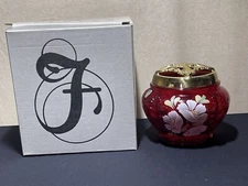 Fenton Art Glass - Ruby Red Hand Painted Pot Pouri Jar with Brass Lid J. Dowler