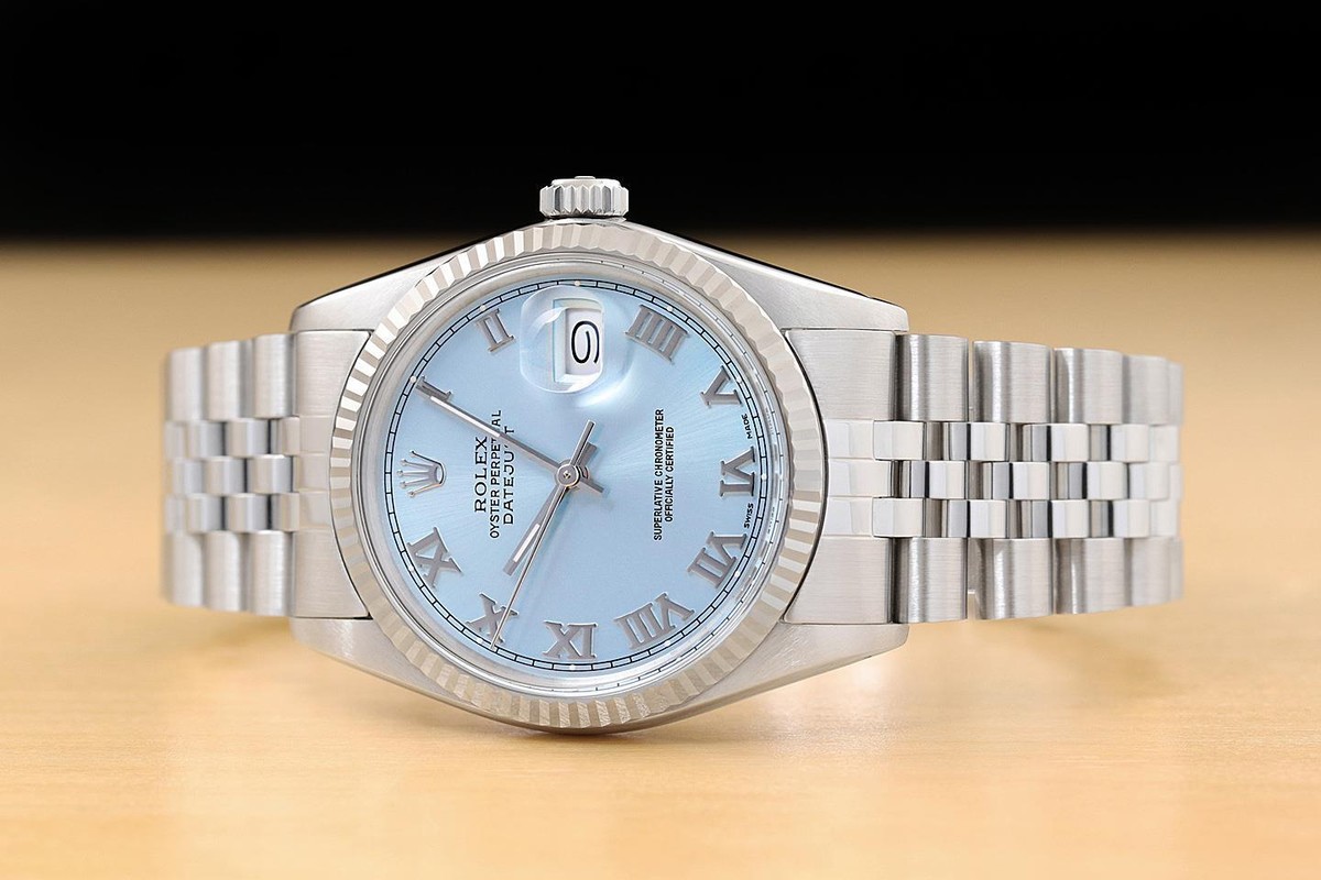 MENS ROLEX DATEJUST 16014 ICE BLUE ROMAN 18K WHITE GOLD STAINLESS