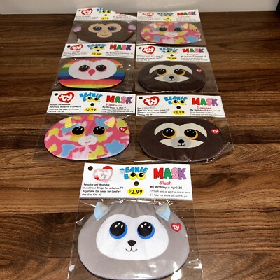 SEALED Ty Beanie Boo Face Masks Kids - Lot Of 7; Husky, Sloth, Cow, Monkey, Owl