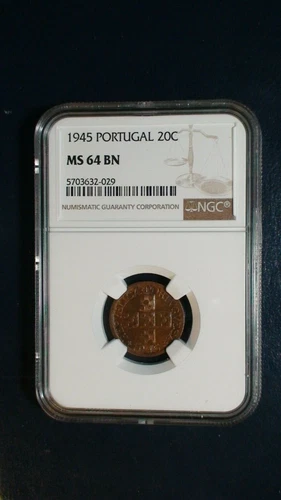 1945 PORTUGAL TWENTY CENTAVOS NGC MS64 BN 20C Coin PRICED TO SELL FAST!