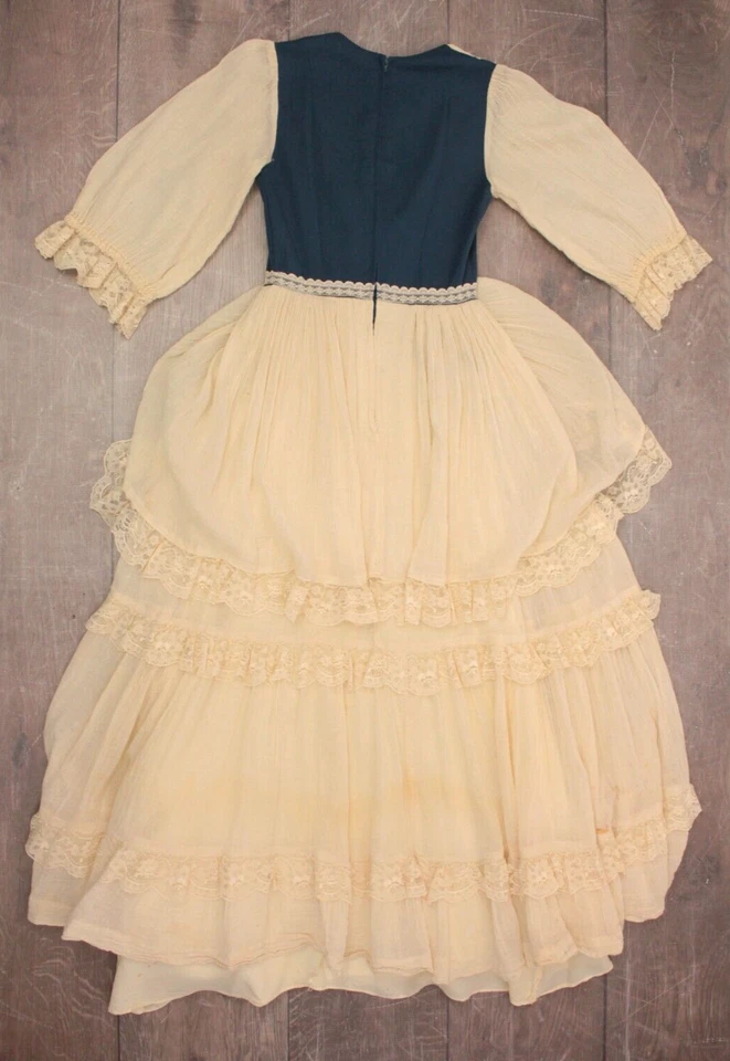 Maxi Vestido De Colección Para Mujer Años 70 Crema y Denim Azul Volantes Campesino Gunne Sax XS/S 70s Foto 4 de 4