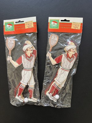 Pair Of Two NIP Vintage Tennis Player Pull String Christmas Ornaments
