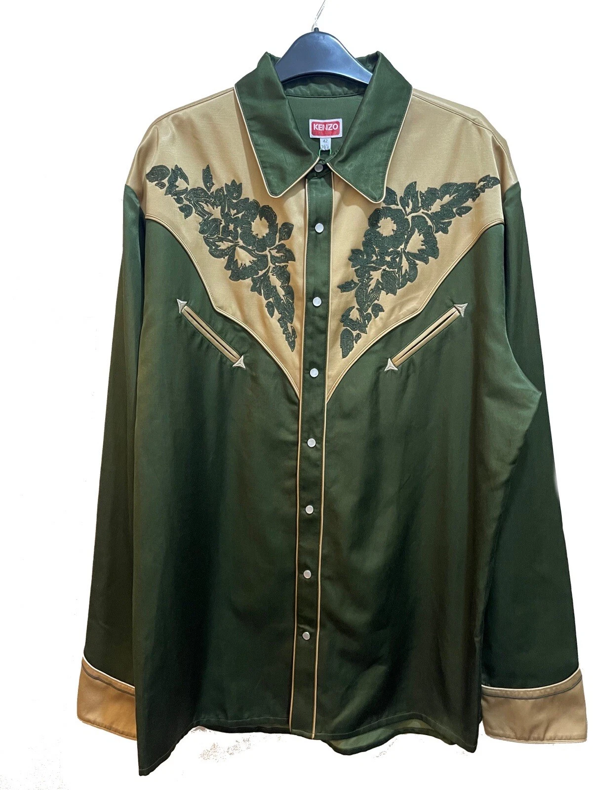 Kenzo Camicia Abito Uomo Floreale Manica Lunga Ricamata Verde Sabbia 42 16 5