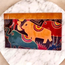 Natural Choice Vintage Clutch Handbag Elephants Genuine Leather India Top Zip