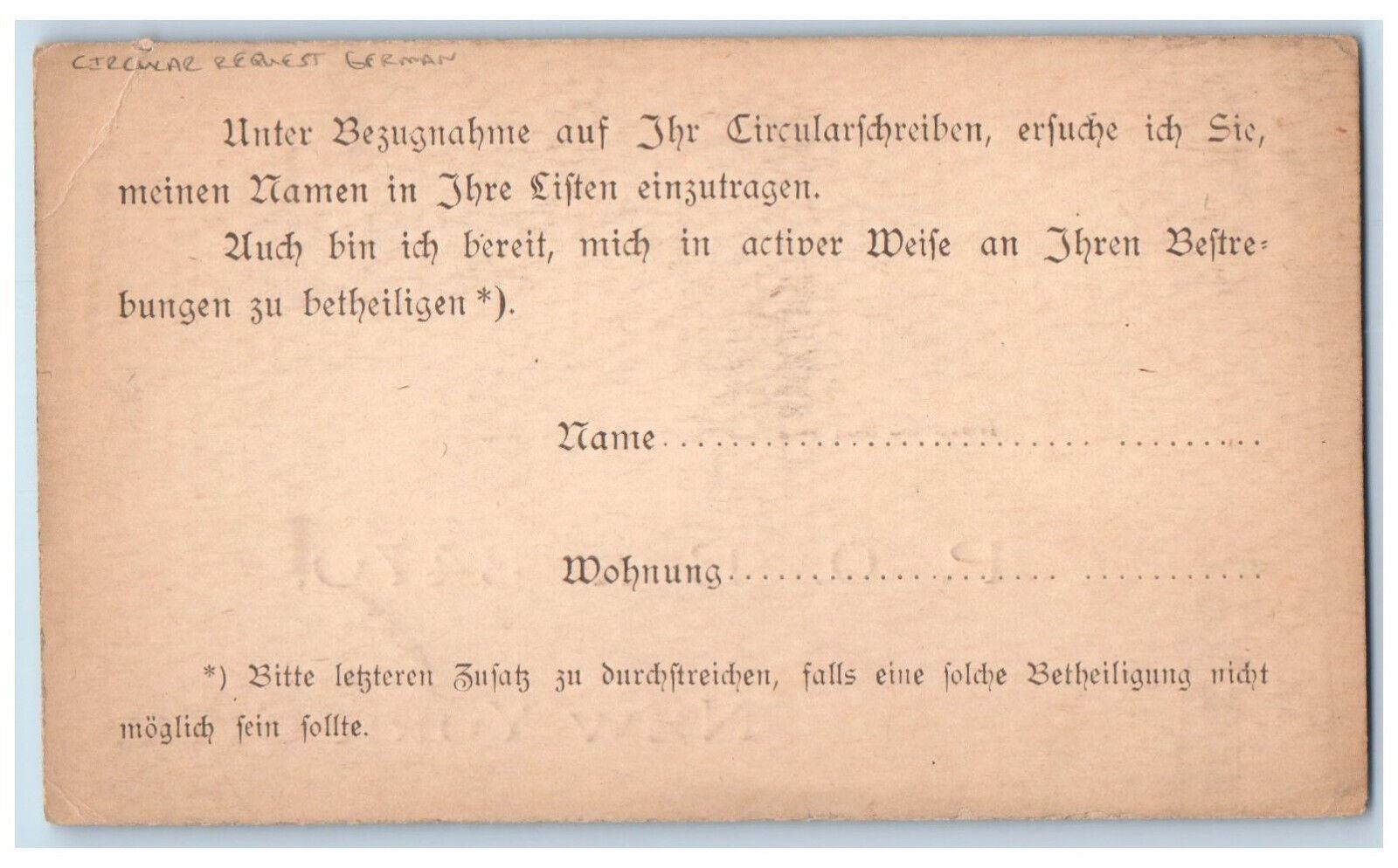 c1880's Cellular Request German New York City New York NY Postal Card