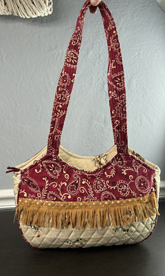 Ten Bears Red Cream Pasiley Fringed Western Print Quilted Shoulder Bag Purse