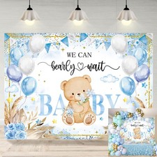 Bear Baby Shower Backdrop Blue Boho We Can Bearly Wait Baby Shower Photograph...