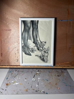 Original Fine Art, Katzenmode Prada Heels edel Sketch, von Ren Clark 23x31cm