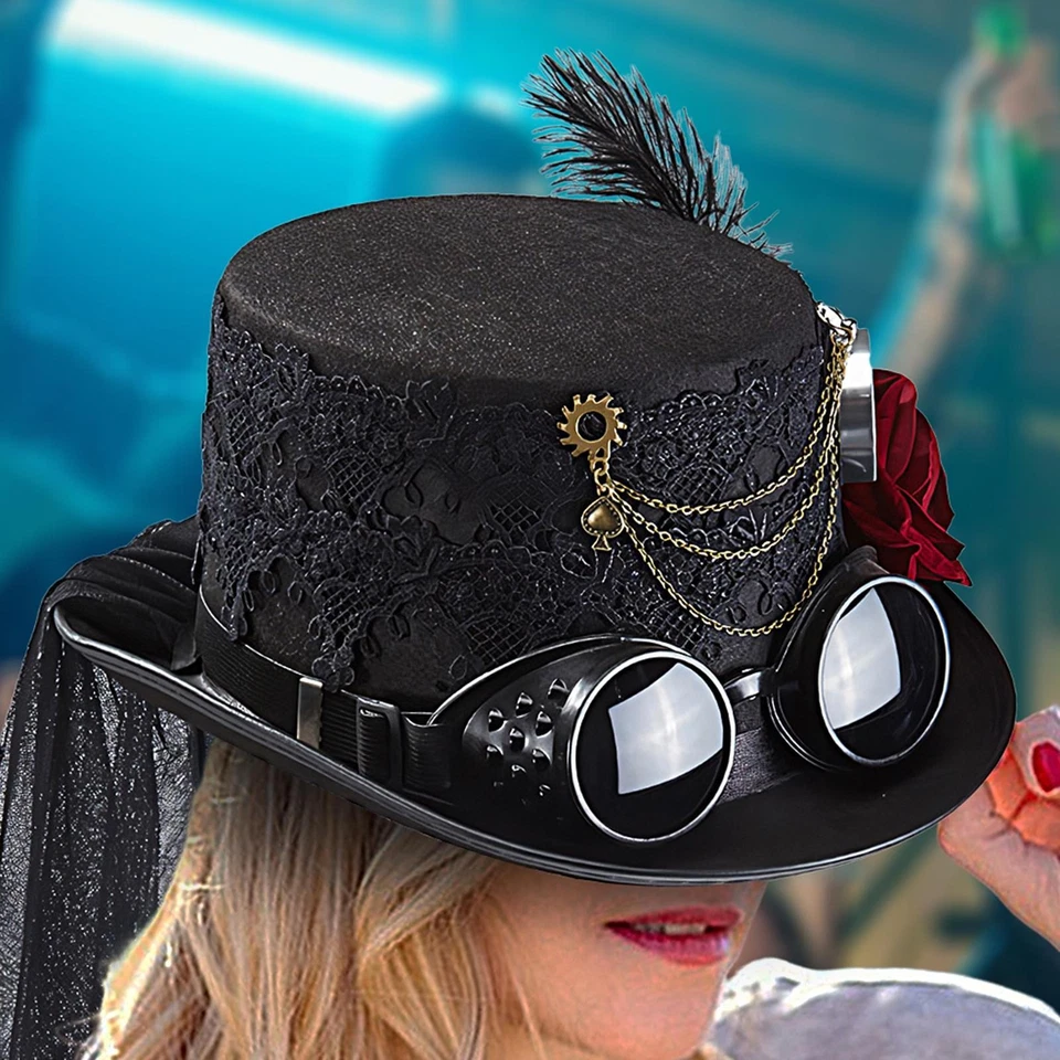 Gothic Flower Lace Veil Girl Cosplay Hat Retro Women Steampunk Top Hat - Image 4 of 4